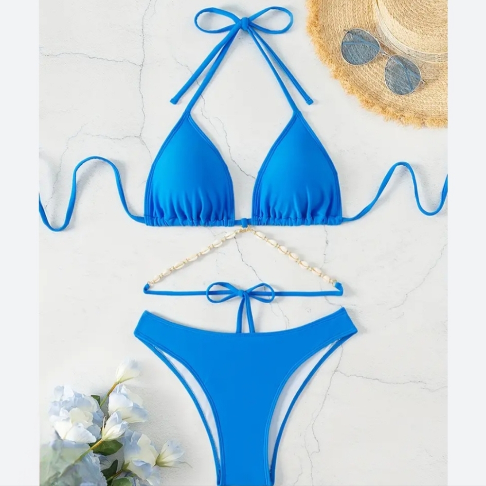 Vibrent Blue Tie Bikini Set With Shell Tie Sz M